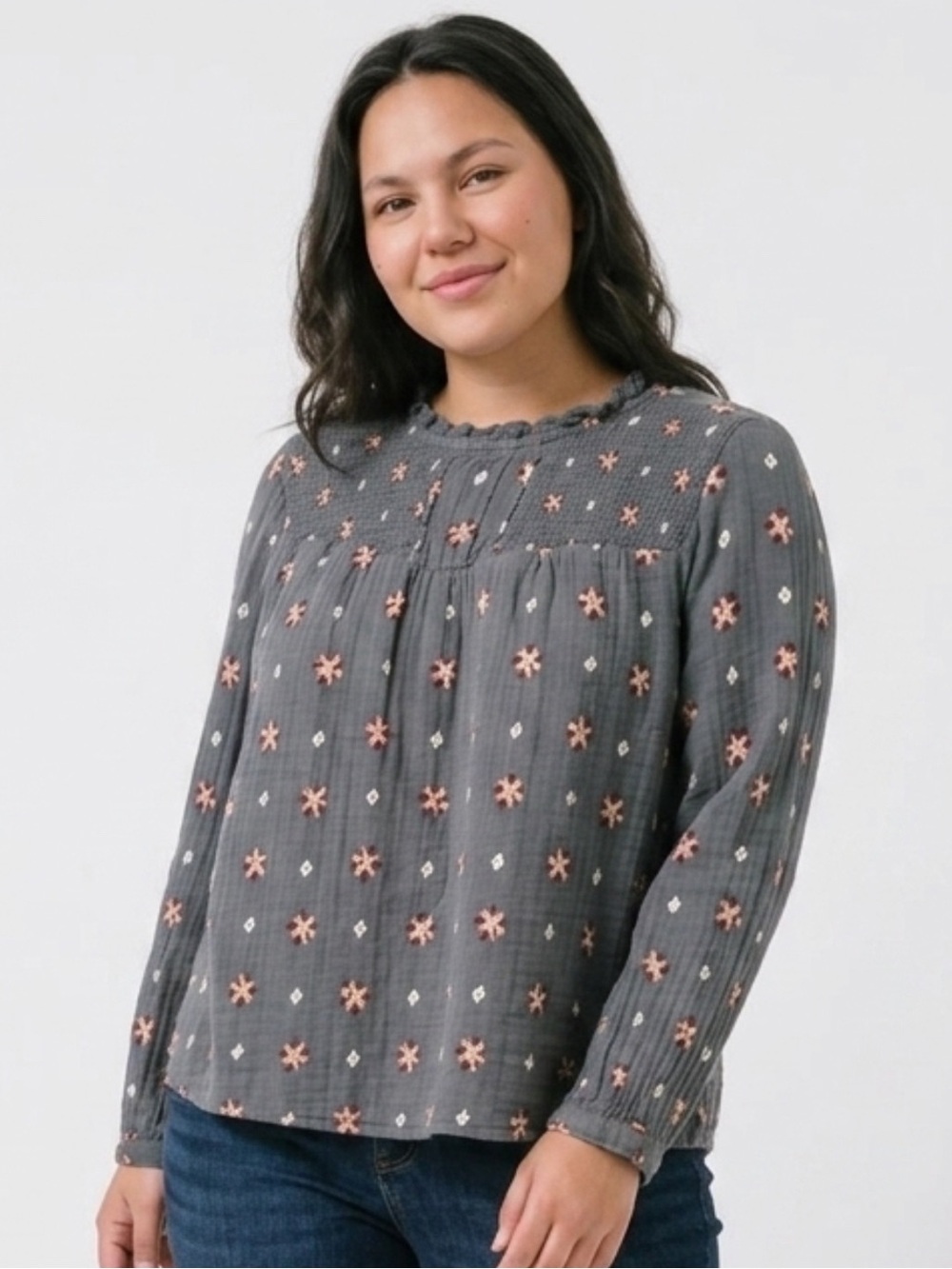 Sonoma Slate Gray Floral Smocked Blouse